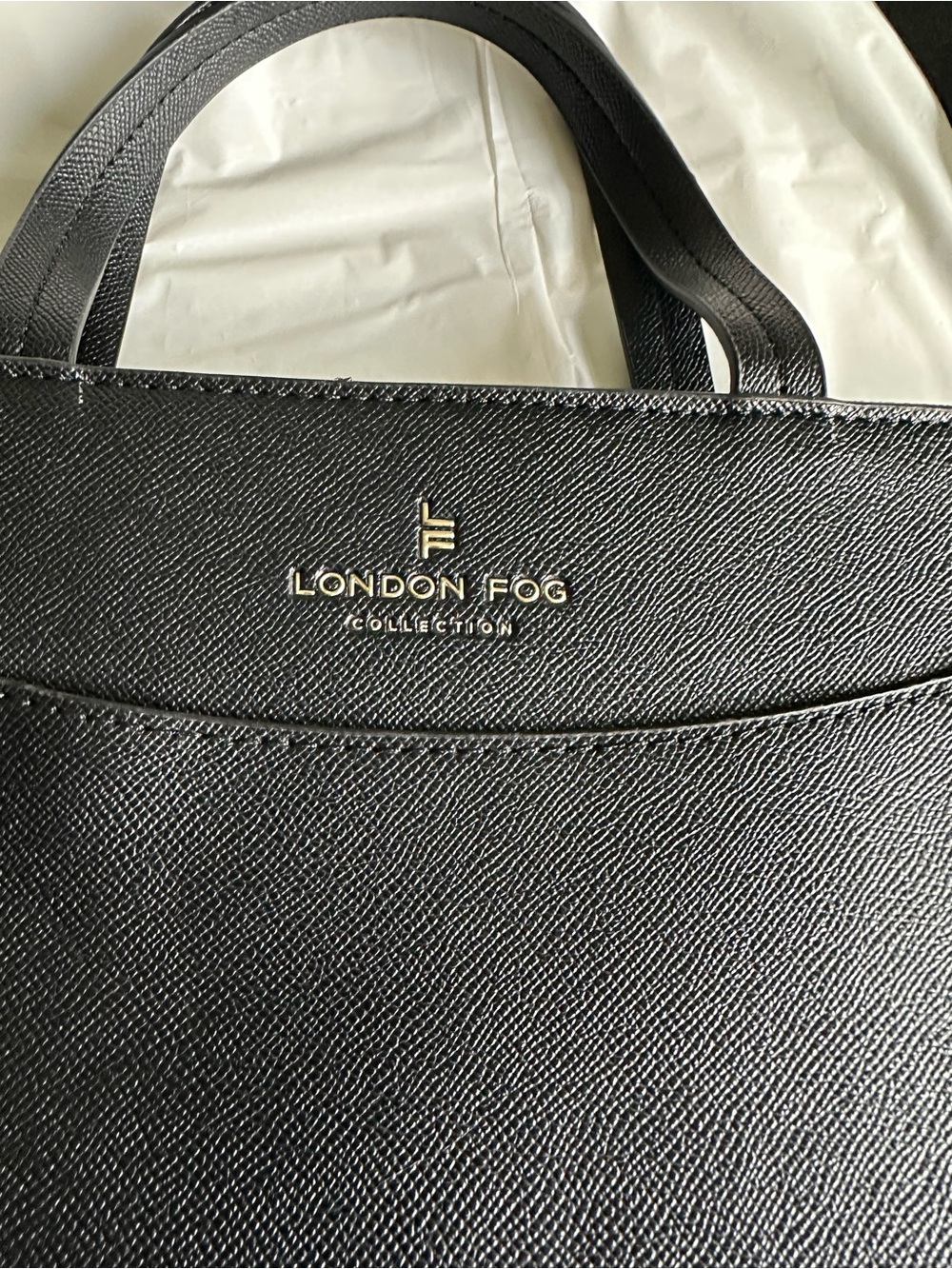 London Fog Black Textured Shoulder Tote with Gold Logo Accent